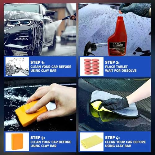 Heavy Duty Auto Detailing Clay Bar Kit with Clay Luber Synthetic Lubricant - 4 Clay Bars, 10 Pack Lubricant Tablets, Spray Bottle & Microfiber Towel for Car Paint Cleaning