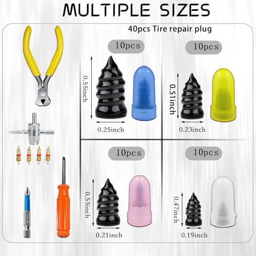 40Pcs Tire Repair Rubber Nails Kit with 4 Sizes, Vacuum Tire Repair Rubber Nail Screw in Tire Repair Plugs, Tire Screw Plug Repair Kit, Quick Self-Service Tire Repair Tools for Car, Motorcycle, Truck