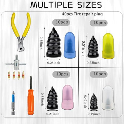 40Pcs Tire Repair Rubber Nails Kit with 4 Sizes, Vacuum Tire Repair Rubber Nail Screw in Tire Repair Plugs, Tire Screw Plug Repair Kit, Quick Self-Service Tire Repair Tools for Car, Motorcycle, Truck