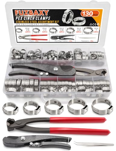 PEX Cinch Clamp Kit 130pcs, 304 SS Plier Set for Pipe Repair | Anti-Rust 304 SS Single Ear Clamps with Ratcheting Crimper. Fix Leaks Instantly for DIY Home Plumbing & Auto Repairs - color: Pex Clamp-130pcs