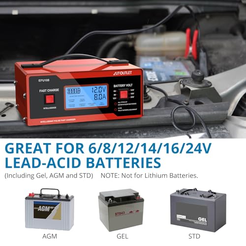 AUTOUTLET Upgraded 8 Volt Battery Charger for Golf Cart Automotive Battery Charger and Maintainer 0-14A with Cable Clamps for 6/8/12/14/16/24V Lead-Acid Batteries - color: Red