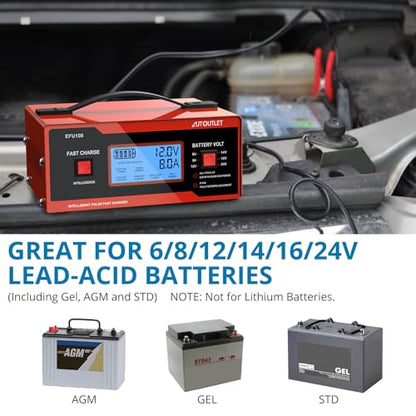AUTOUTLET Upgraded 8 Volt Battery Charger for Golf Cart Automotive Battery Charger and Maintainer 0-14A with Cable Clamps for 6/8/12/14/16/24V Lead-Acid Batteries - color: Red