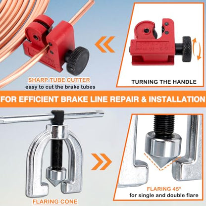3/16" Brake Line Repair Kit - Double & Single Brake Line Flaring Tool Kit 1/4" 5/16" (with Tube Cutter & 5 Adapters) + 25Ft Copper Coated Brake Line (with 4 Unions & 16 Fittings) + Brake Line Bender