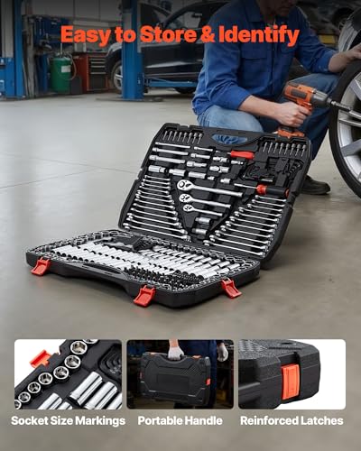 VEVOR Mechanics Tool Set, 308-Piece Mechanic Tool Kit, 1/4 in, 3/8 in, and 1/2 in Drive, SAE and Metric Socket Set, Wrenches, Screwdriver Bits, Accessories, and Storage Case, for Automotive Repair - size: 1/4"&3/8"&1/2", style: 308 PCS