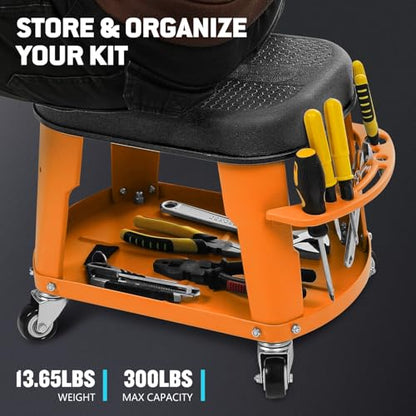 PM PERFORMOTOR Adjustable Height Pneumatic Garage Seat Rolling Mechanic Stool with Tool Tray Storage,300lbs Max Weight Capacity, Orange,PM-TOL-RTS-OG