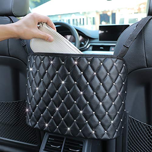 Car Net Pocket Handbag Holder with Diamond Bling Driver Netting Pouch, Handbag Holder Front Seat, Barrier of Backseat Pet Kids Storage & Pocket (Black with Diamond) - color: Black with Diamond