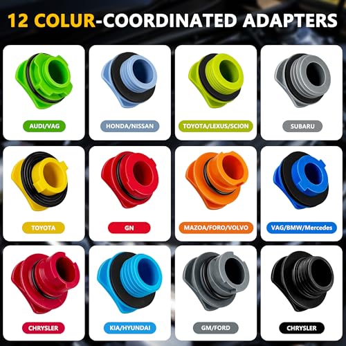 18 Pack No Spill Engine Oil Funnel Kit，1.59QT/1.5L Automotive Oil Funnel Set， 2 Magnetic Adapter Organizer Boards 12 Adapters Compatible with GM, Ford, BMW, Audi, Land Rover Etc