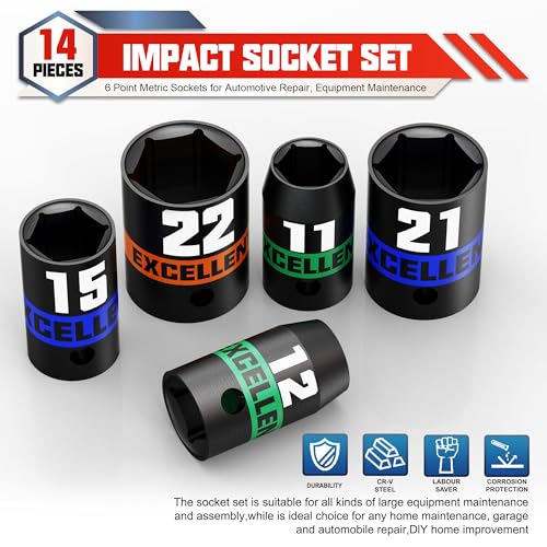 14 Pieces 1/2-Inch Drive Impact Socket Set, 11-32mm Shallow Socket, 6 Point Metric Sockets for Automotive Repair, Equipment Maintenance - size: 1/2 Inch Metric
