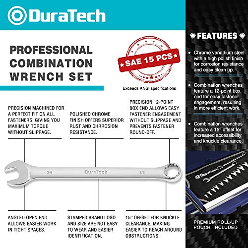 DURATECH Combination Wrench Set, SAE, 15-Piece, 1/4" to 1" | 12-Point, CR-V Steel, Rolling Pouch - size: Set (1/4" to 1")