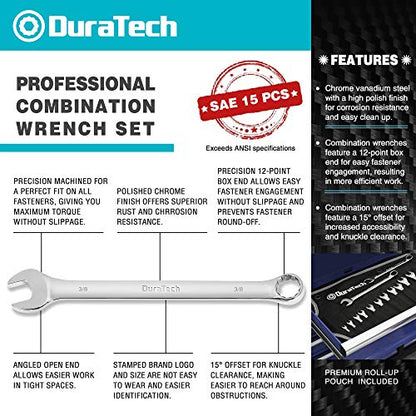 DURATECH Combination Wrench Set, SAE, 15-Piece, 1/4" to 1" | 12-Point, CR-V Steel, Rolling Pouch - size: Set (1/4" to 1")
