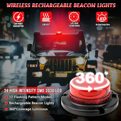Remote Control Red Beacon Light, Rechargeable Wireless Red Flashing Lights with Magnetic, High Low Brightness, 15 Modes Mini Emergency Warning Safety Light for Snowplow Tow Work Trucks Tractor - color: Red