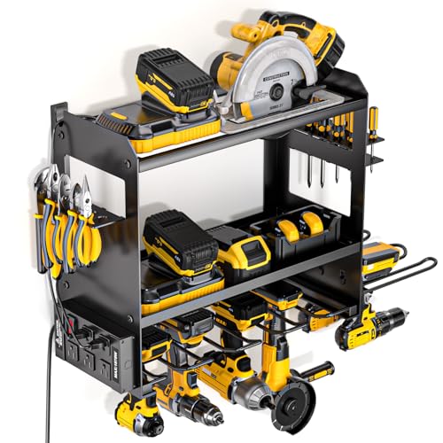 YYR Power Tool Organizer Wall Mount with Charging Station, Cordless Tools Hanger and Battery Storage Rack for Garage Organization, Heavy Duty Drill Holder Shelf Build in Metal Power Strip - Black - color: Black