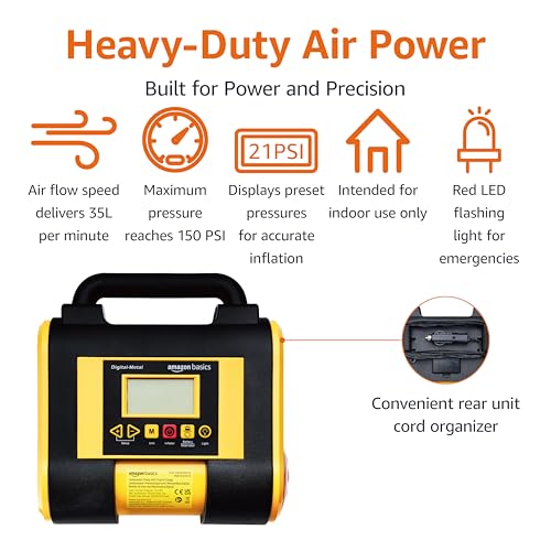 Amazon Basics Portable Car Tire Inflator with Digital Pressure Gauge, 150 PSI, 12V DC, Black