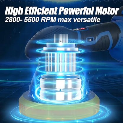 Cordless Car Buffer Polisher, 2x2Ah 21V Batteries 6'' Car buffer Waxer Kit, 6 Variable Speed 5500RPM Orbital Polisher, 5 Kinds Pads Polisher for Car Detailing, Boat Sanding, Scratch Removing