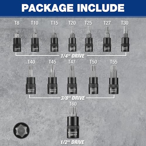WORKPRO Torx Bit Socket Set, 1/4", 3/8" and 1/2" Drive Torx Bits 13-Piece Socket Set T8-T60, Premium S2 Steel Bits and CR-V Sockets with Storage Case - style: 13-piece torx bit socket set