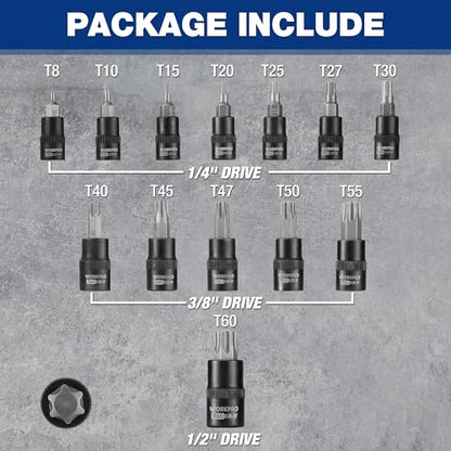 WORKPRO Torx Bit Socket Set, 1/4", 3/8" and 1/2" Drive Torx Bits 13-Piece Socket Set T8-T60, Premium S2 Steel Bits and CR-V Sockets with Storage Case - style: 13-piece torx bit socket set