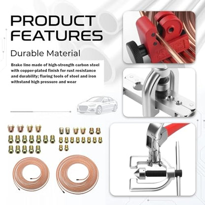Brake Line Flaring Tool Kit with 32 Inverted Fittings,Brake Line Kit 25Ft 3/16" & 1/4" Copper Plated Tubing,Single & Double Flare Tool Set,Brakes Lines Repair Kits for Car SUV Truck