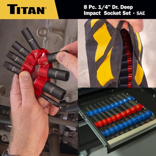 Titan 46301 8-Piece 1/4-Inch Drive SAE Deep Impact Socket Set, 6-Point, SAE Sizes 3/16 to 9/16-Inch - size: 8-Piece SAE Deep, style: 1/4-Inch Drive