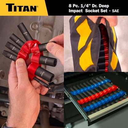 Titan 46301 8-Piece 1/4-Inch Drive SAE Deep Impact Socket Set, 6-Point, SAE Sizes 3/16 to 9/16-Inch - size: 8-Piece SAE Deep, style: 1/4-Inch Drive