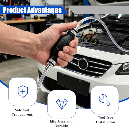 Car Gasoline Siphon Hose Pump, Manual High-Flow Vehicle Oil Gas Transfer Pump with PVC Hose, Portable Automotive Hand Fuel Siphon for Petrol Water Diesel, Universal for Vehicles