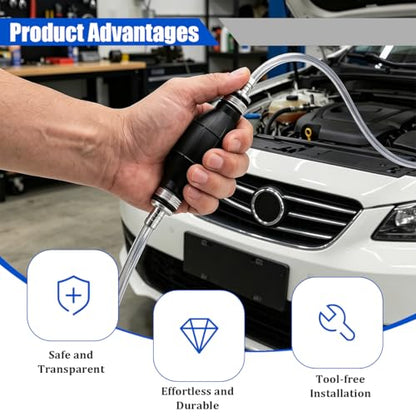 Car Gasoline Siphon Hose Pump, Manual High-Flow Vehicle Oil Gas Transfer Pump with PVC Hose, Portable Automotive Hand Fuel Siphon for Petrol Water Diesel, Universal for Vehicles
