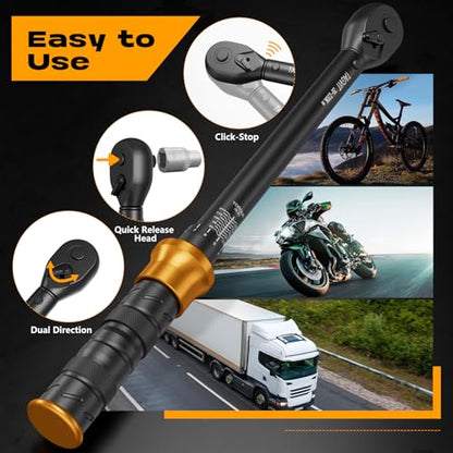 1/2-Inch Drive Click Torque Wrench Set – 15–165 ft-lb / 20–220 Nm, ±3% Precision, Dual Scale, Reversible Head for Car, Tire, and Motorcycle Use