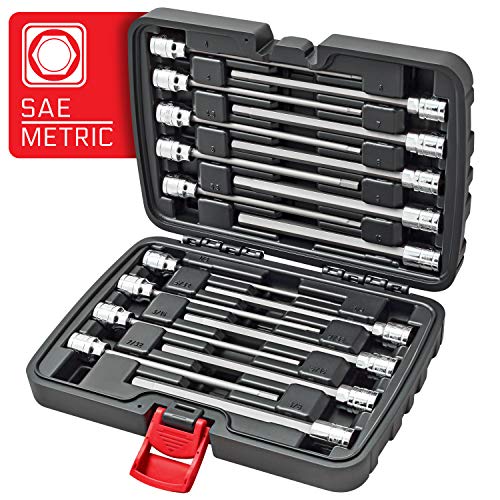 CARBYNE 18-Piece Extra Long Hex (Allen) Bit Socket Set, SAE 1/8 to 3/8 in. and Metric 3 to 10mm, 3/8 in. Drive, S2 Steel, CrV Sockets, 6.1 in. Length, Durable Case - size: Straight