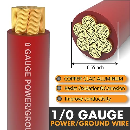 Jeemiter 1/0 Gauge Wire CCA Copper Clad Aluminum (20FT Red) - Battery Cable,Power/Ground Cable for Car Amplifier,Big 3 Upgrade,Auto with Lug Terminal Connectors & 3:1Heat Shrink Tubing - size: 20FT Red