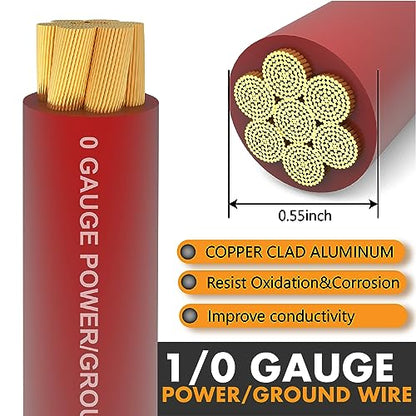 Jeemiter 1/0 Gauge Wire CCA Copper Clad Aluminum (20FT Red) - Battery Cable,Power/Ground Cable for Car Amplifier,Big 3 Upgrade,Auto with Lug Terminal Connectors & 3:1Heat Shrink Tubing - size: 20FT Red