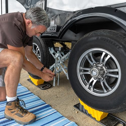 Camco Curved Camper/RV Leveler & Wheel Chock - Features Heavy Duty Honeycomb Design & Includes Non-Slip Rubber Grippers on Wheel Chock - Compatible w/Trailers Up to 30,000 lbs - 1-Pack (44423) | Honeycomb leveler with non-slip grippers; compatible with tr