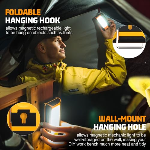 Favorlite 2-Pack Rechargeable LED Work Light, 1600LM Magnetic Portable | Phone Charging, 12-Hr Battery, Waterproof, Car Repair, Camping, Garage & Emergency Use