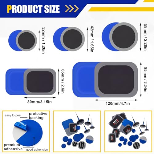 Tallew 74 Pcs Heavy Duty Tire Patches Kit Rubber Radial Tire Repair Patch Plug Kit Repair Emergency Tool for Puncture Car Truck Bus Tractor Vehicle Motorcycle 32mm, 42mm, 58mm, 65x80mm, 85x120 mm
