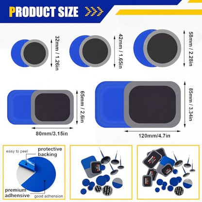 Tallew 74 Pcs Heavy Duty Tire Patches Kit Rubber Radial Tire Repair Patch Plug Kit Repair Emergency Tool for Puncture Car Truck Bus Tractor Vehicle Motorcycle 32mm, 42mm, 58mm, 65x80mm, 85x120 mm