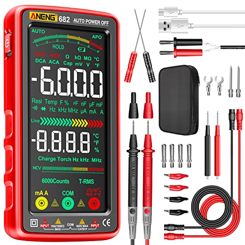 ANENG Multimeter Tester Color LCD TRMS Auto-Ranging 6000 Counts Voltmeter Smart Rechargeable Meter Measures AC/DC Current,NCV,Voltage,Ohm,Amp,Resistance,Diodes,Countinuity,Capacitance,Temperature - style: 682 Backlit Color Screen