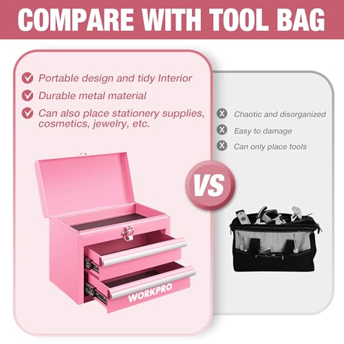WORKPRO Portable Mini Tool Box, 2 Drawers Metal Tool Chest with Ball Bearing Slides, Top Storage with Latch, Ergonomic Carrying Handle, Toolbox with PVC Liners and PP Feet Pads - Pink Ribbon - color: Pink