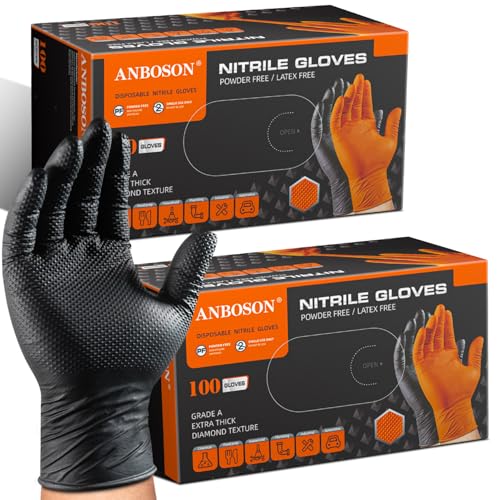ANBOSON 10 Mil Heavy Duty Mechanic Nitrile Gloves, Medium Black 200 Count | Diamond Grip,Latex Free,Chemical Resistant Disposable Thick Rubber Gloves for Auto Repair, Industrial, Food, Work ,BBQ,Men - color: Black-200, size: Medium