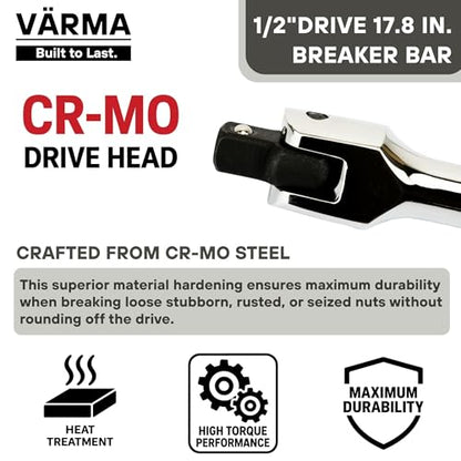 1/2-Inch Drive Breaker Bar, 18-Inch – Heavy Duty CR-MO Head & 18mm Thick Shaft – Dual-Knurled Non-Slip Grip, Constant Tension Flex Head, Premium Mirror Chrome Finish - size: 1/2" Drive x 17.8"