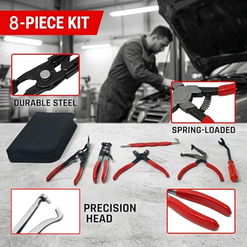 8 Pcs Automotive Electrical Disconnect Pliers Kit with Gloves | High-Carbon Steel Connector Separator, Hose Clamp & Trim Clip Removal Tools for Auto Repair,Automotive Repair Tool Kit