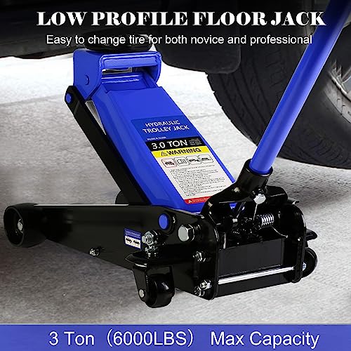 Floor Jack, Professional Heavy Duty Hydraulic Floor Jack, Low Profile Steel Racing Floor Jacks w/2 Piston Quick Lift Pump, Lifting 3.3"-18.5" 3 Ton(6000lb) Capacity Blue - color: Lift 3.3"-18.5" 3 Ton(6,000lb) Blue Steel