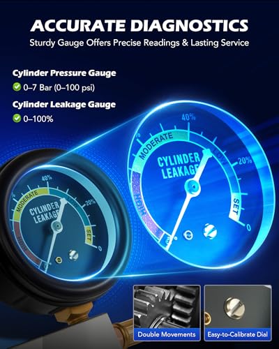 OMT Automotive Cylinder Leakdown Diagnostic Detector Tool Kit for Petrol | Solid Brass Core Construction; 2.7 Inch Shockproof Dual Gauges; Spark Plug Adapter; Vehicle Diagnostics; For Pro Mechanics