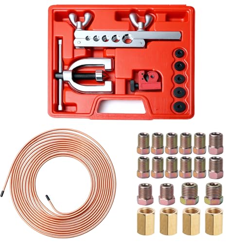 Joyzeal 25ft 3/16" Copper Brake Line Kit, 16 Fittings & Flaring Tool | Corrosion Resistant, Hand-Bendable, 4 Unions, Double & Single Flare, Fits Most Cars Trucks SUVs - size: 3/16''