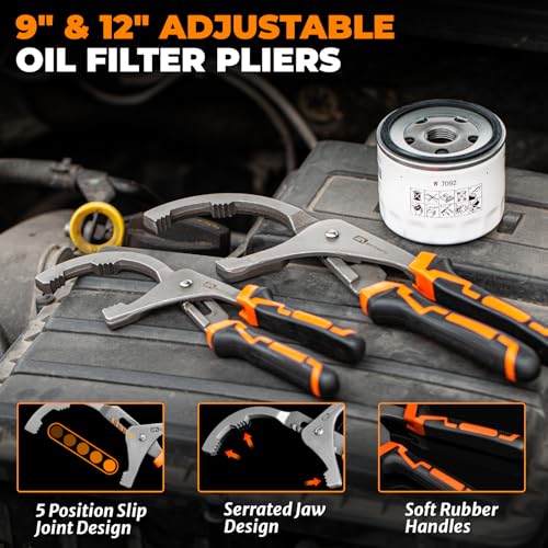 8-Piece Oil Filter Wrench Set | Adjustable Oil Filter Wrenches 2-3/4" to 5-1/4", 9" & 12" Universal Removal Tool, 1/2" to 3/8" Adapter, Case