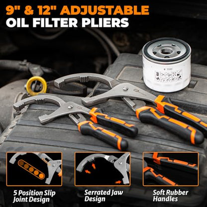 8-Piece Oil Filter Wrench Set | Adjustable Oil Filter Wrenches 2-3/4" to 5-1/4", 9" & 12" Universal Removal Tool, 1/2" to 3/8" Adapter, Case