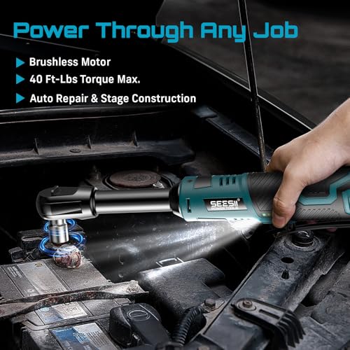 Seesii 3/8" Cordless Electric Ratchet Wrench for Car Repair | 6" Long Neck, 40 ft-lbs, 220 RPM, 2×2.0Ah Batteries & Fast Charger, 7 Sockets + 1/4" Adapter, LED Light