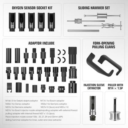 DNA MOTORING 40pcs Diesel Fuel Injector Puller Removal Tool, Diesel Injector Extractor Master Kit, Slide Hammer Fuel Injector Removal Tool Kit for Diesel Engines, TOOLS-00785