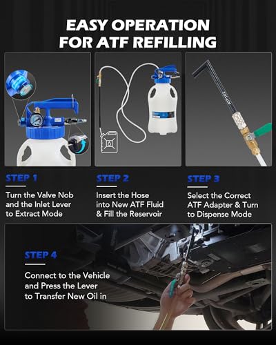 OMT 2.6 Gallon Vacuum Fluid Evacuator and Filler Set with 15 ATF Adapters | 10L Pneumatic Transmission Bleeder for Shops; Hands-Free Trigger Lock; Pressure Gauge; Heat Resistant Nylon Tubes; Auto Care