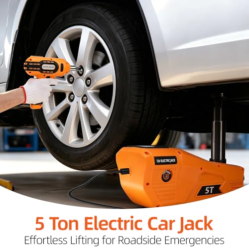 Trihelper Electric Car Jack 5 Ton 12V Hydraulic Jack Lift with Impact Wrench Touch Screen Tire Inflator Pump Wireless Remote 3 Mode LED Light for Roadside Tire Change Cars Sedans SUVs MPVs Trucks