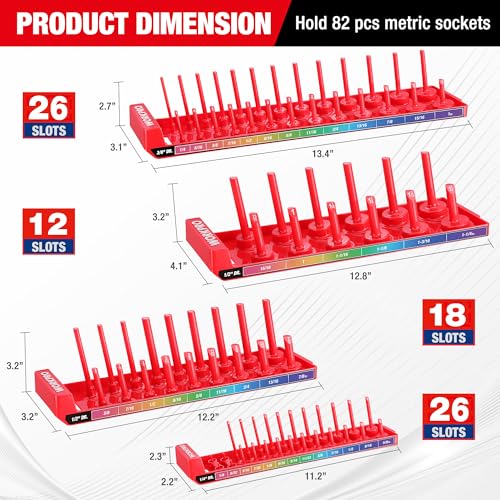 WORKPRO Socket Organizer Set, 4PC 1/4" 3/8" 1/2" Drive SAE Socket Holder | Fits Impact Sockets, Holds 82 Pieces Sockets, Large Capacity, Clear Size Identification, Socket not Included - size: 4 Pieces-1/4", 3/8", & 1/2" DR, SAE