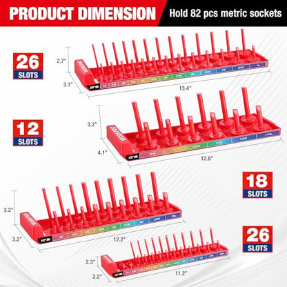 WORKPRO Socket Organizer Set, 4PC 1/4" 3/8" 1/2" Drive SAE Socket Holder | Fits Impact Sockets, Holds 82 Pieces Sockets, Large Capacity, Clear Size Identification, Socket not Included - size: 4 Pieces-1/4", 3/8", & 1/2" DR, SAE