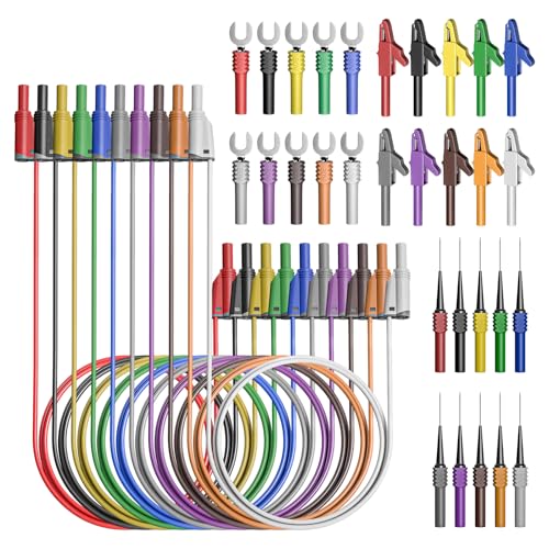 Goupchn 4mm Safety Shrouded Banana Plug Silicone Test Leads Kit 40PCS | Fully Insulated, Stackable Banana Plug, Alligator Crocodile Clips, Test Fork Back Probe Pins, For Electrical Testing - color: Ten Colors, size: Test Leads Kit